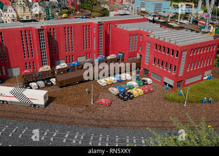 An automobile factory made of Lego and Lego cars at Legoland Billund resort in Denmark. Stock Photo