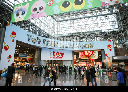 New York, USA. 16th Feb, 2019. Visitors look around at the 116th Annual North American International Toy Fair at the Jacob K. Javits Convention Center in New York, the United States, Feb. 16, 2019. The toy fair, held from February 16 to 19 this year, gathered more than 1,000 toy exhibitors and hundreds of thousands of toys and youth entertainment products to retail outlets and trade guests from over 100 countries and regions. Credit: Wang Ying/Xinhua/Alamy Live News Stock Photo