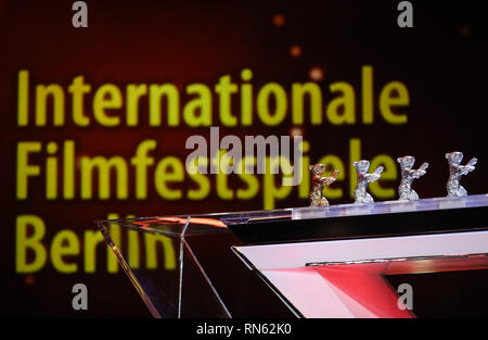 Berlin, Germany. 16th Feb, 2019. Trophies are seen during the awards ceremony of the 69th Berlin International Film Festival (Berlinale) in Berlin, capital of Germany, on Feb. 16, 2019. Credit: Shan Yuqi/Xinhua/Alamy Live News Stock Photo