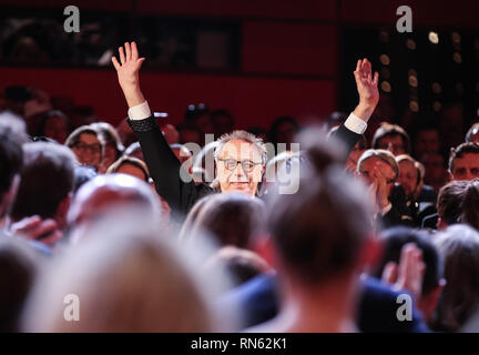 Berlin, Germany. 16th Feb, 2019. Berlinale director Dieter Kosslick (C) receives applause during the awards ceremony of the 69th Berlin International Film Festival (Berlinale) in Berlin, capital of Germany, on Feb. 16, 2019. Credit: Shan Yuqi/Xinhua/Alamy Live News Stock Photo