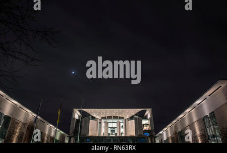 Berlin, Germany. 12th Feb, 2019. The Federal Chancellery is enlightened in the evening. (long exposure) Credit: Paul Zinken/dpa/Alamy Live News Stock Photo