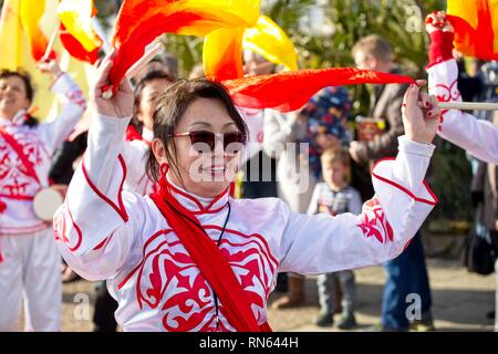 Eastbourne, UK. 17th Feb 2019. Revellers celebrate Chinese New Year on the streets of Eastbourne today. East Sussex.  Credit: Ed Brown/Alamy Live News Stock Photo