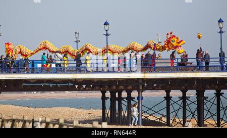 Eastbourne, UK. 17th Feb 2019. A Chinese dragon lines Eastbourne pier as part of todays Chinese New Year celebrations. East Sussex.  Credit: Ed Brown/Alamy Live News Stock Photo