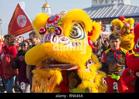 Eastbourne, UK. 17th Feb 2019. Lion dogs on the streets of Eastbourne as part of todays Chinese New Year celebrations. East Sussex.  Credit: Ed Brown/Alamy Live News Stock Photo