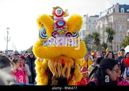 Eastbourne, UK. 17th Feb 2019. Lion dogs on the streets of Eastbourne as part of todays Chinese New Year celebrations, East Sussex.  Credit: Ed Brown/Alamy Live News Stock Photo