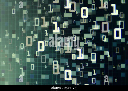 Matrix Futuristic space theme multiple exposure binary numbers moving down from top of the frame on blue and black background. blue block pixel for co Stock Photo