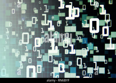 Matrix Futuristic space theme multiple exposure binary numbers moving down from top of the frame on blue and black background. blue block pixel for co Stock Photo