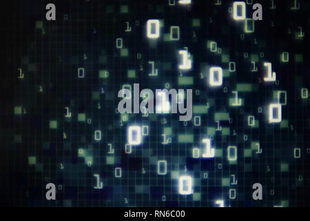 Matrix Futuristic space theme multiple exposure binary numbers moving down from top of the frame on blue and black background. blue block pixel for co Stock Photo