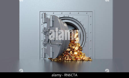 Bank vault door opening revealing a golden coin. 3d rendering. Stock Photo