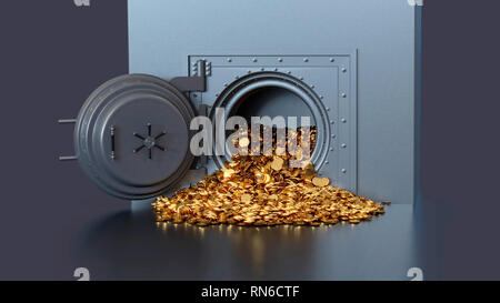 Bank vault door opening revealing a golden coin. 3d rendering. Stock Photo
