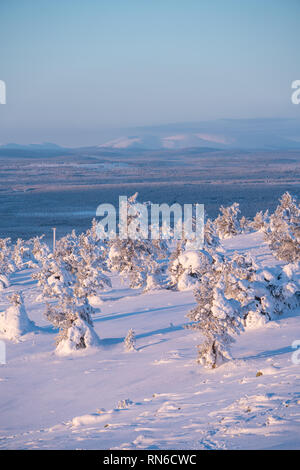 Winter landscape scene in Levi ski resort with Pallas fells in the background in Kittilä, Finland. Vertical image Stock Photo