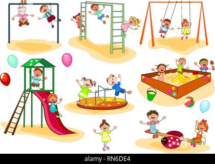 Happy kids play on the playground. Joyful little children. A group of happy, smiling children. Stock Vector