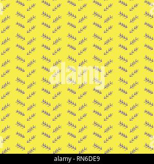Vector mimicking folk herringbone stitching repeat seamless pattern. Purple hand drawn tribal lines and stripes, on yellow background. Stock Vector