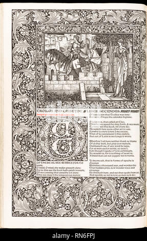 ‘The Works of Geoffrey Chaucer Now Newly Imprinted’ by Geoffrey Chaucer (1343-1400) featuring woodcuts by Edward Burne-Jones (1833-1898) and printed on Batchelor handmade paper, published by Kelmscott Press in 1896. Stock Photo