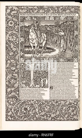 ‘The Works of Geoffrey Chaucer Now Newly Imprinted’ by Geoffrey Chaucer (1343-1400) featuring woodcuts by Edward Burne-Jones (1833-1898) and printed on Batchelor handmade paper, published by Kelmscott Press in 1896. Stock Photo