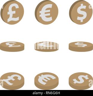 Isometric icons of coins dollar, euro, pound sterling, currency symbols, finance vector illustration isolated on white background Stock Vector