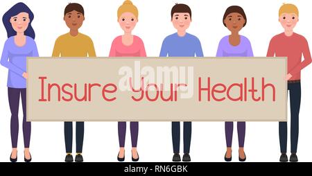 People hold a poster with the inscription Insure Your Health, Happy characters in cartoon style Stock Vector