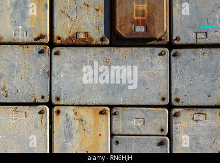 Close up on old metal electricity boxes Stock Photo