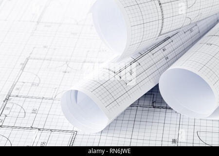 Rolls of architectural blueprint house building plans on blueprint background on table Stock Photo