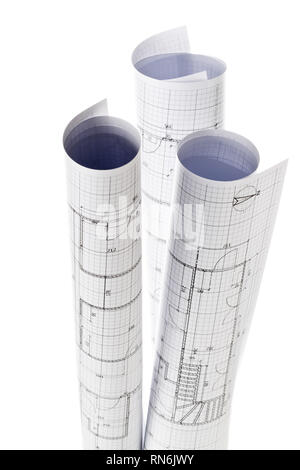 Rolls of architectural blueprint house building plans isolated on white background Stock Photo