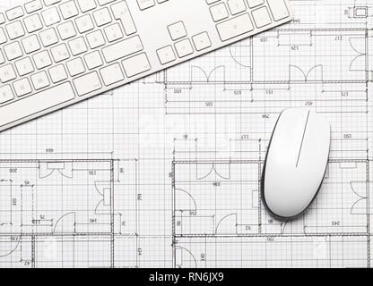 Architectural blueprint house building plan with computer keyboard and mouse on table flatlay top view from above Stock Photo