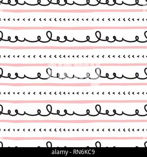 Vector Hand drawn doodle line repeat seamless pattern. Pencil scribble, stripe sketch pattern . Black and pink lines on white background. Stock Vector