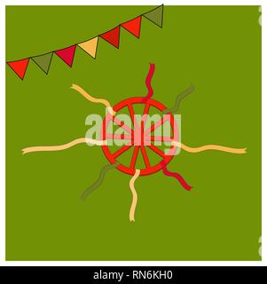 Red wheel and colorful ribbons. Shrovetide or Maslenitsa. Elements Russian national holiday. Educational cards or greeting cards. fair attributes Stock Vector
