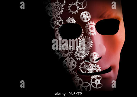 Artificial intelligence conceptual design with a face mask and cogs on a black background. Stock Photo