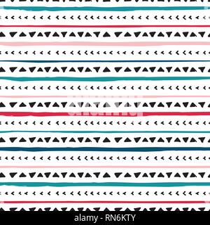 Vector seamless pattern with handdrawn stripes and triangles . Hand drawn pink, blue stripes and black triangles. Stock Vector