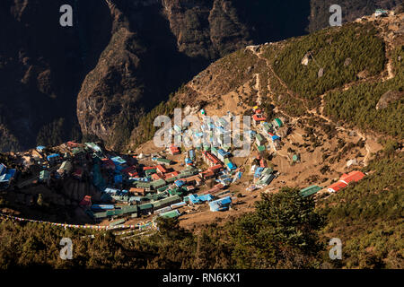 Nepal; Namche Bazaar, elevated view of town from path to Syangboche and Everest View Hotel Stock Photo