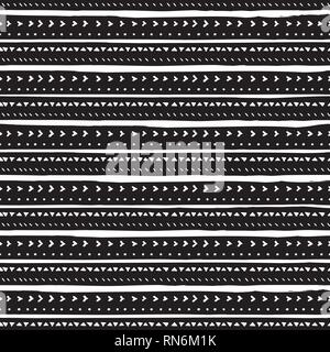 Vector seamless pattern with handdrawn stripes and triangles . Hand drawn white stripes, triangles and lines on black background. Stock Vector