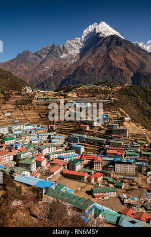 Nepal, Namche Bazaar, snow capped Thamserkhu peak above the town Stock Photo
