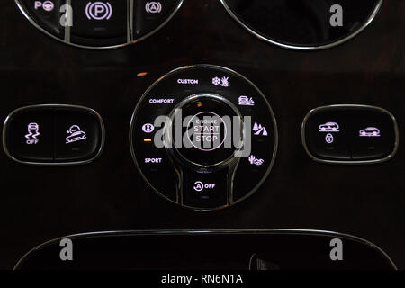Novosibirsk, Russia - 08.01.18: Interior view with control panel and start engine button of luxury very expensive new black Bentley Bentayga car stand Stock Photo