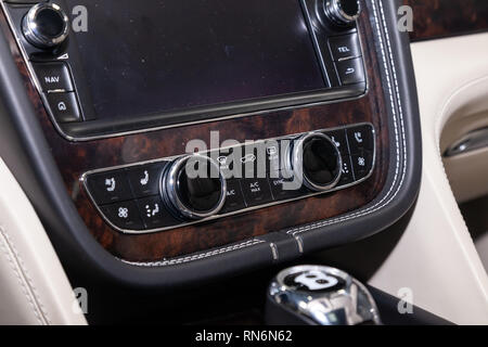 Novosibirsk, Russia - 08.01.18: Interior view with climate-control of luxury very expensive new black Bentley Bentayga car stands in the washing box w Stock Photo