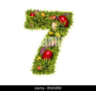 Easter holiday number 7 made of fresh green grass and Easter eggs isolated on white background Stock Photo
