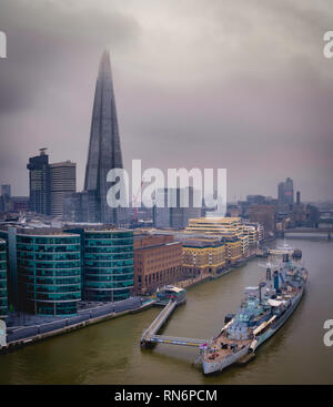 Drone shot of The Shard and HMS Belfast Stock Photo