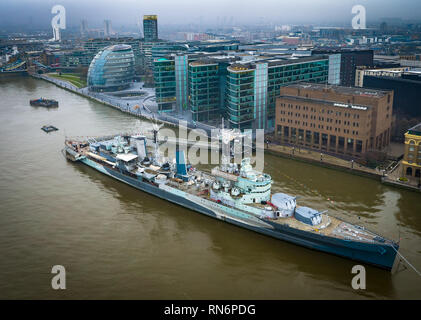 Drone shot of HMS Belfast and London City Hall Stock Photo