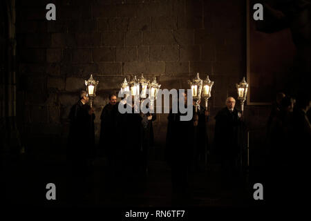 Braga, Portugal - April 1 2010: Brotherhood with its old lamps preparing for the Ecce Homo Catholic procession during Holy Week. Stock Photo