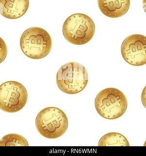 Bitcoin golden coin seamless pattern. Golden rain of flying money. Stock Vector