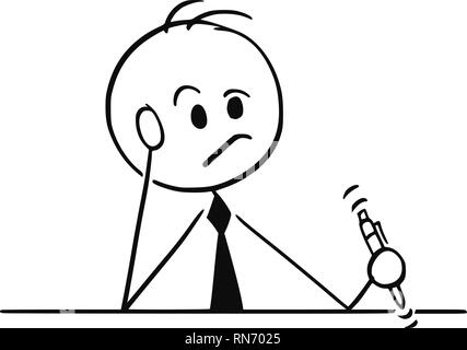 Cartoon of Businessman Thinking Hard with Pen in Hand Stock Vector