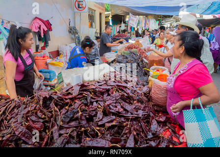 local woman selling dried red chilli peppers in the market, Tlacolula, Oaxaca, mexico Stock Photo