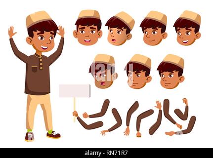 Arab, Muslim Boy, Child, Kid, Teen Vector. Teenager, Education. Face Emotions, Various Gestures. Animation Creation Set. Isolated Flat Cartoon Stock Vector
