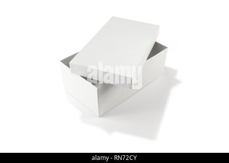 Opened plain white shoebox mock-up on white background. Stock Photo