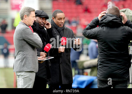 BT Sport pundits Paul Ince (right), Andy Cole (centre) and presenter Matt Smith (left) before the FA Cup fifth round match at Ashton Gate, Bristol. Stock Photo