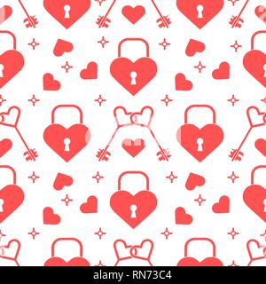 Seamless pattern with hearts, lock, keys in heart shape. Greeting card happy Valentine's Day. Romantic background. Design for banner, poster or print. Stock Vector
