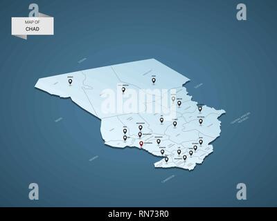 Isometric 3D Chad map,  vector illustration with cities, borders, capital, administrative divisions and pointer marks; gradient blue background.  Conc Stock Vector