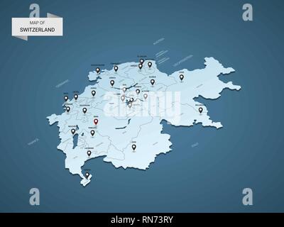 Isometric 3D Switzerland map,  vector illustration with cities, borders, capital, administrative divisions and pointer marks; gradient blue background Stock Vector