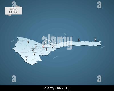 Isometric 3D Eritrea map,  vector illustration with cities, borders, capital, administrative divisions and pointer marks; gradient blue background.  C Stock Vector