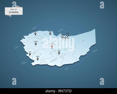 Isometric 3D Ethiopia map,  vector illustration with cities, borders, capital, administrative divisions and pointer marks; gradient blue background.   Stock Vector