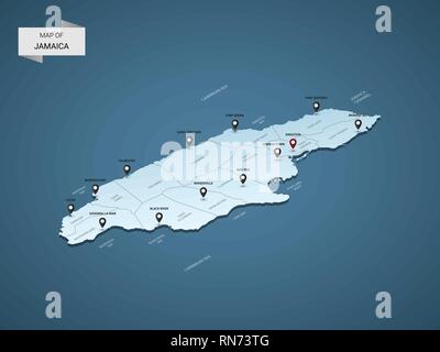 Isometric 3D Jamaica map,  vector illustration with cities, borders, capital, administrative divisions and pointer marks; gradient blue background.  C Stock Vector